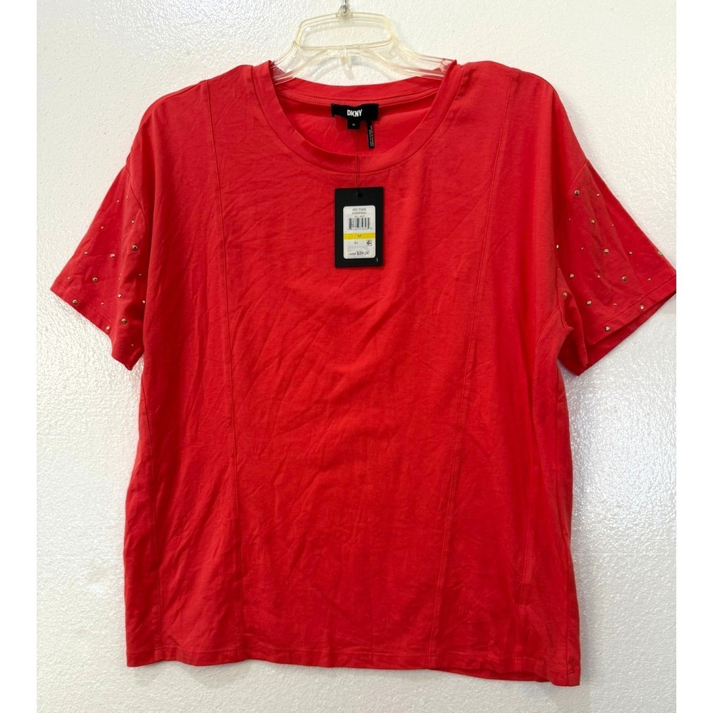 New with Tag DKNY T Shirt Gold Stud Sleeve Embellishments Coral Size Medium